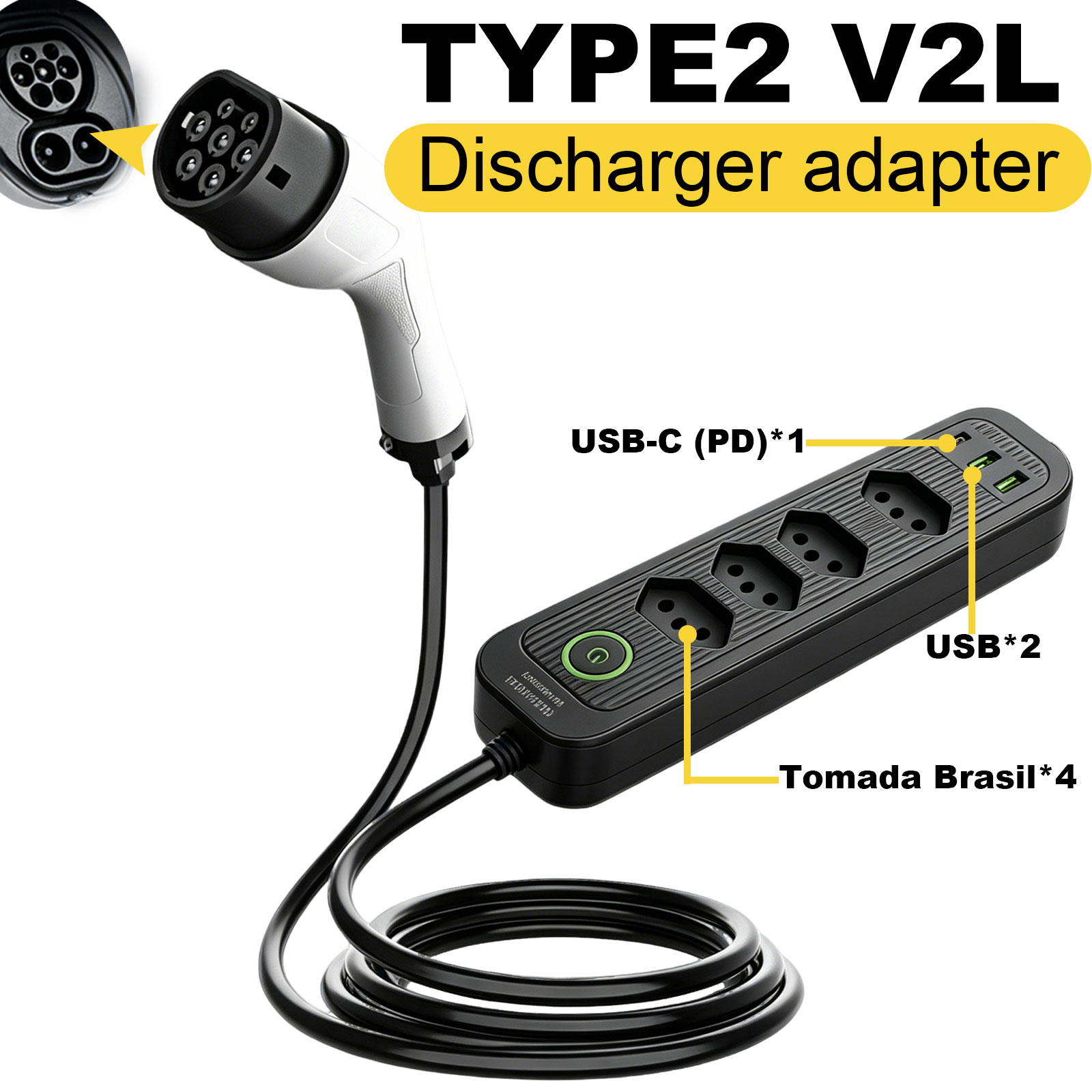 Outdoor Power Station - Type2 V2L-ontladingsadapter 16A Braziliaanse stekker EV